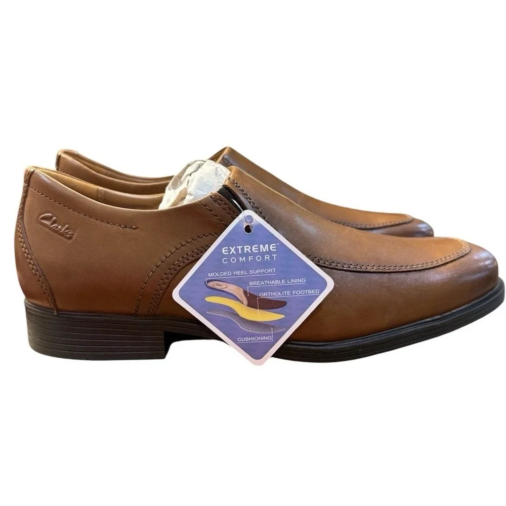 Clarks Mens Whiddon Step Dark Tan Leather Loafers Shoes 10.5 Wide Slip On